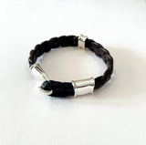 Silver hook and leather hoop bracelet