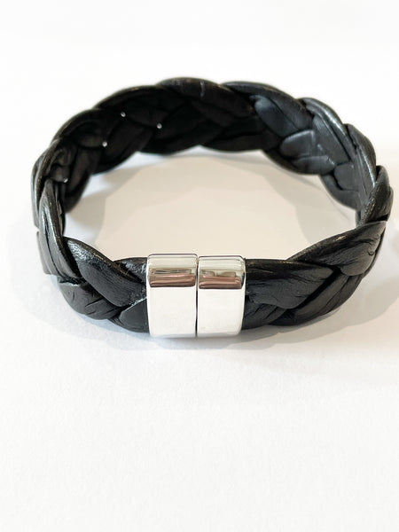 Silver and Plaited leather mens bracelet