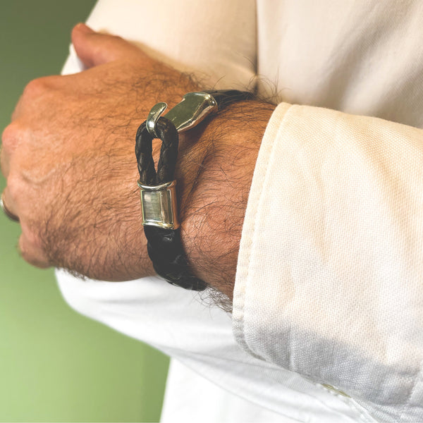 Silver hook and leather hoop bracelet