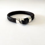 Silver hook and plaited leather mens bracelet