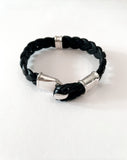 Silver hook and leather hoop bracelet